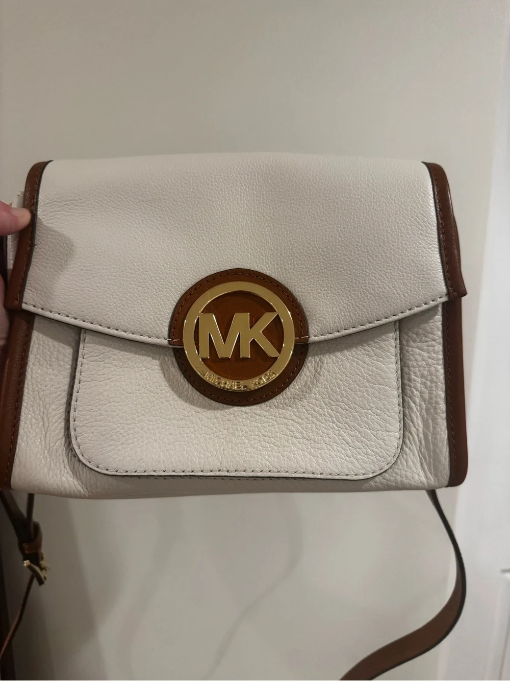 Michael Kors White and Brown Leather MK Logo Crossbody